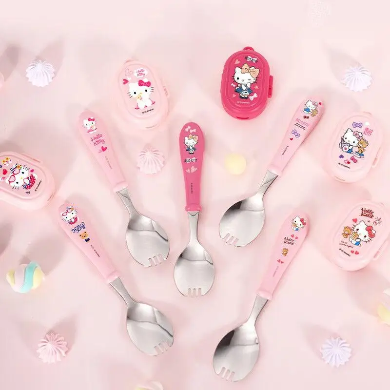 

Новинка, столовая посуда с мультяшными Hello Kittys, милое сердечко для девочек, Студенческая аниме-фигурка для детей, домашняя портативная вилка, ложка, подарок для хранения