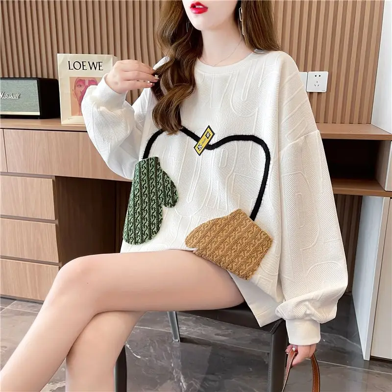 Fashion Korean Pockets Spliced Women's Sweatshirts Thick All-match Long Sleeve Loose O-Neck Tops Autumn Winter Female Clothing