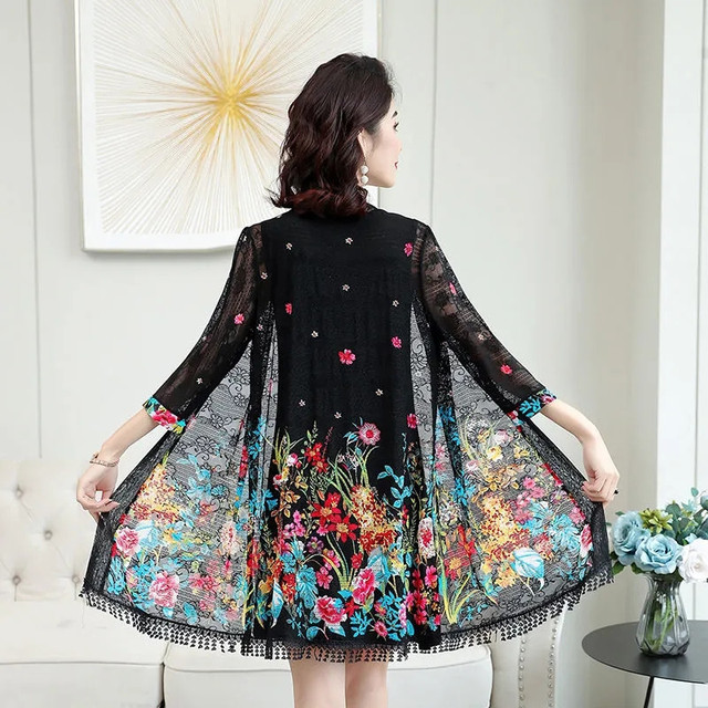 Women's Coat Mother Dress Shawl Medium Long Sun Protection Middle Aged Women Cardigan Lace Thin Take Out Phi Wind