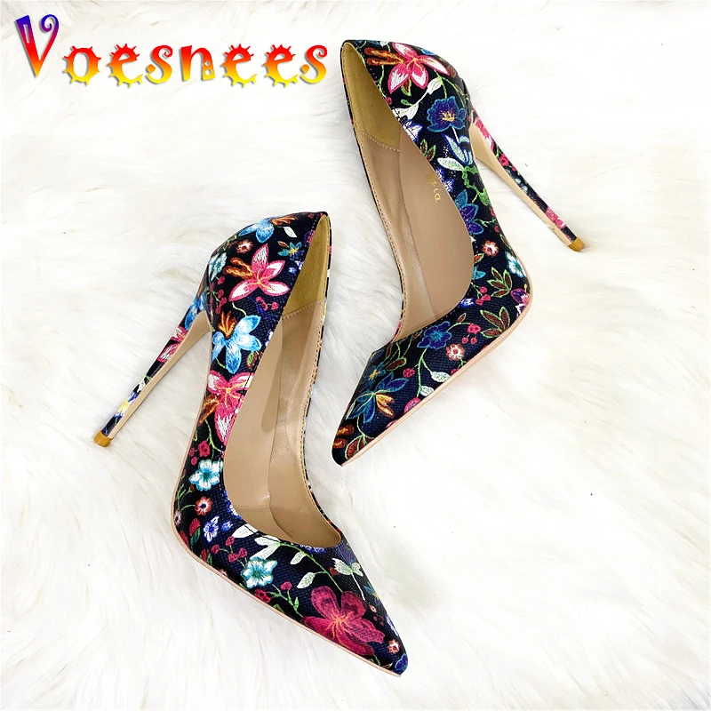 

Embroidered Print Shallow Mouth Single Shoes Women Sexy Pointed Toe Flowers High Heels Fashion Gladiator Models Walk Show Pumps