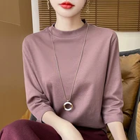 Summer And Autumn New 100% Cotton T-shirt Women's Semi-High-Necked Cropped Sleeves Loose Solid Color Bottoming Top - Image 4