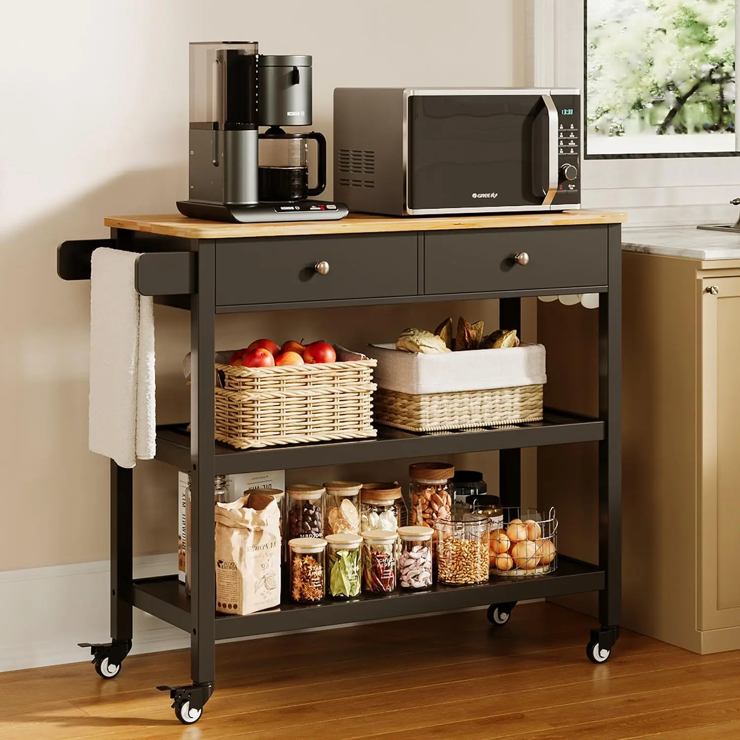 

Kitchen Island Cart on Wheels with 40''Wood Tabletop, 2 Open Tiers Spacious Storage Shelves and Towel Rack, Rolling Utility Cart