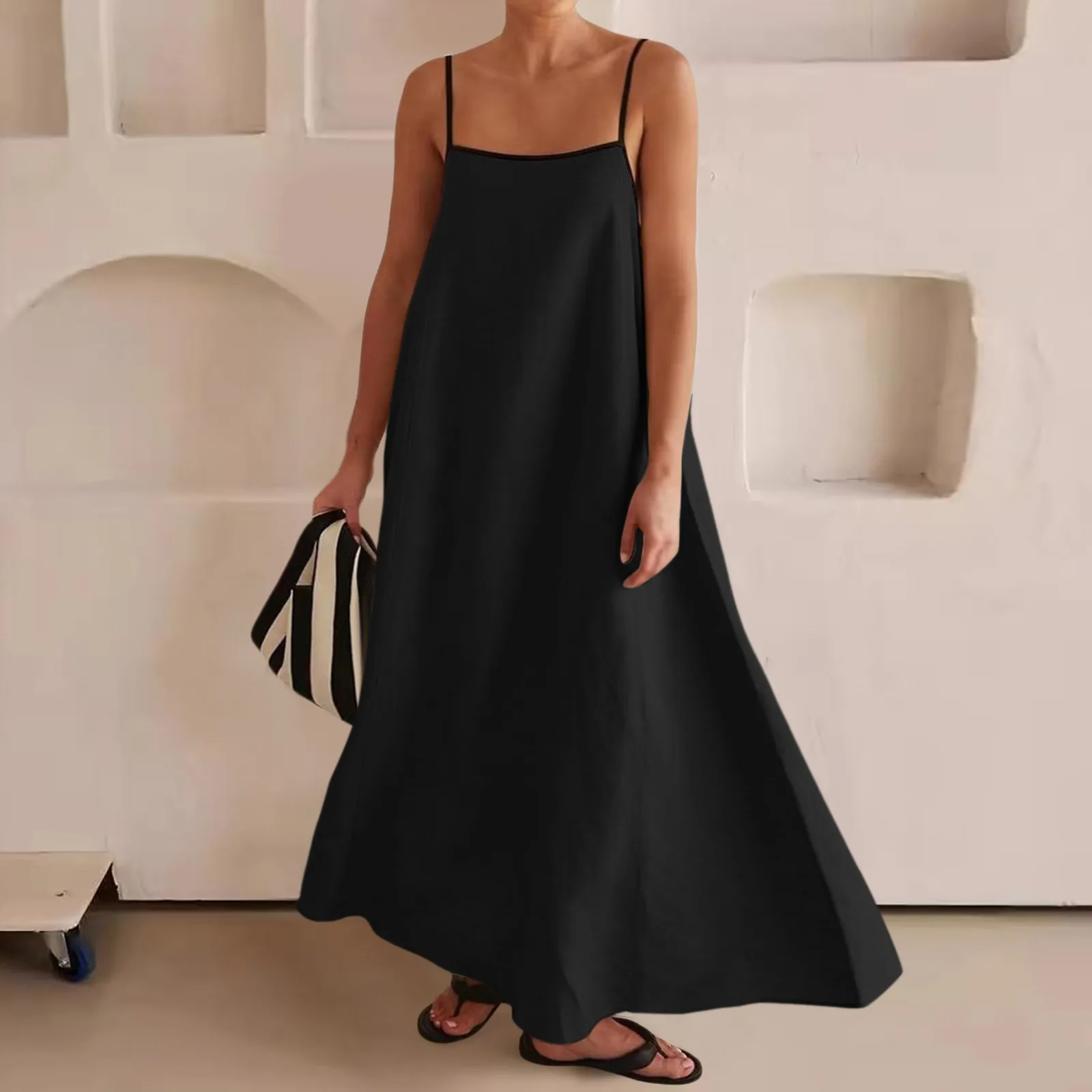 

Женское однотонное платье с контрастной отделкой, летние наряды на бретелях-спагетти, длинные платья без рукавов для путешествий и отпуска