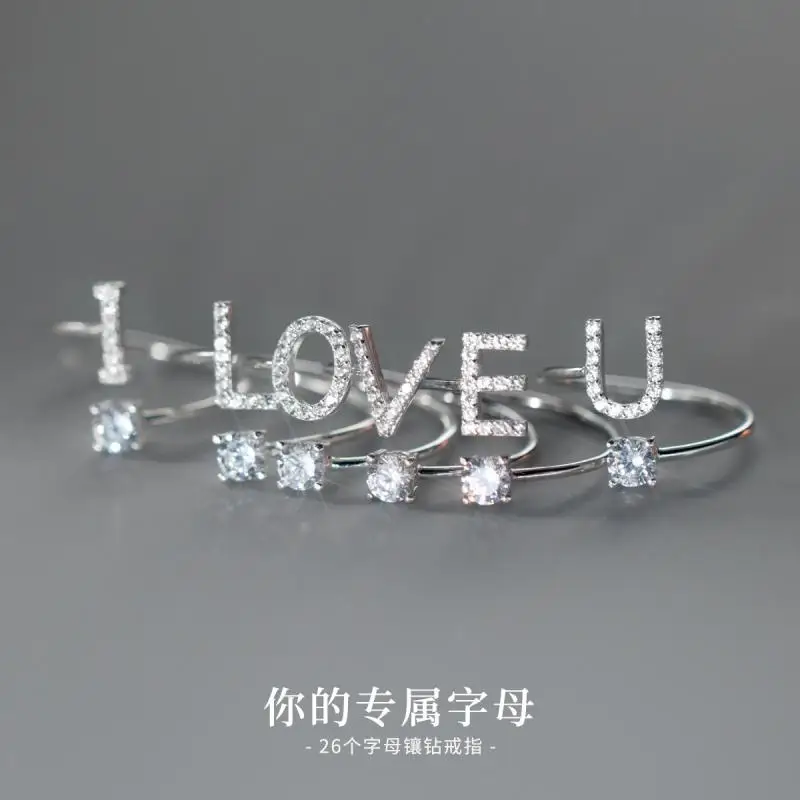 Zircon Initial A-Z Letter Ring For Women Metal Adjustable Opening Ring Name Alphabet Female Wedding Gift opening ring