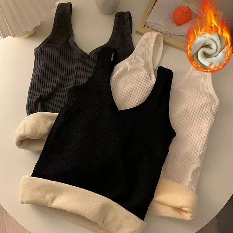 

Women's Base Tank Tops Plush-Lined V-Neck Base Style Winter Warmth Solid Thermal Underwaist Vest Female Crop Tops Shirt Garment