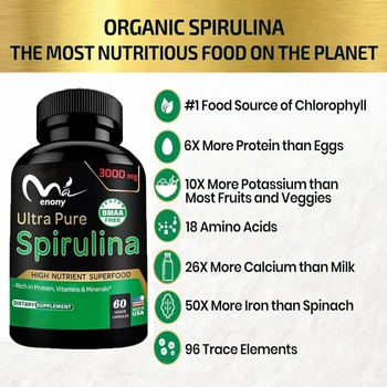 Organic Spirulina Powder 60 Capsules 300MG Best Original Vegetarian Protein - Green Superfood - Natural Multivitamin