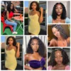 Perruque Bob Courte 14 Pouces en Cheveux Humains, Perruque Frontale Complète 13x4 en Dentelle HD, Densité 220%, Pré-Pluckée, Cheveux Remy Bouclés Noir Naturel pour Femmes Noires