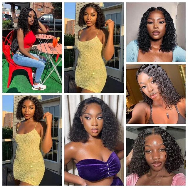 Perruque Bob Courte 14 Pouces en Cheveux Humains, Perruque Frontale Complète 13x4 en Dentelle HD, Densité 220%, Pré-Pluckée, Cheveux Remy Bouclés Noir Naturel pour Femmes Noires