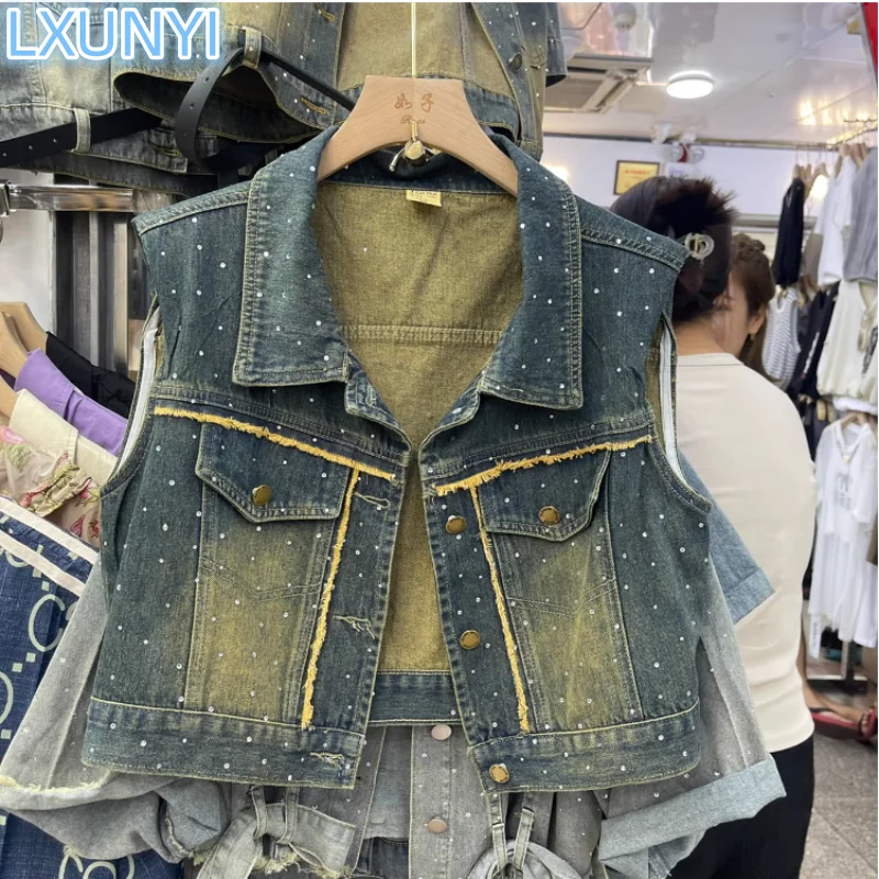 

LXUNYI 2023 Summer New Diamond Denim Vest Cowboy Coat Jacket Loose Fringed Heavy Rhinestone Sleeveless Denim Vests Trend