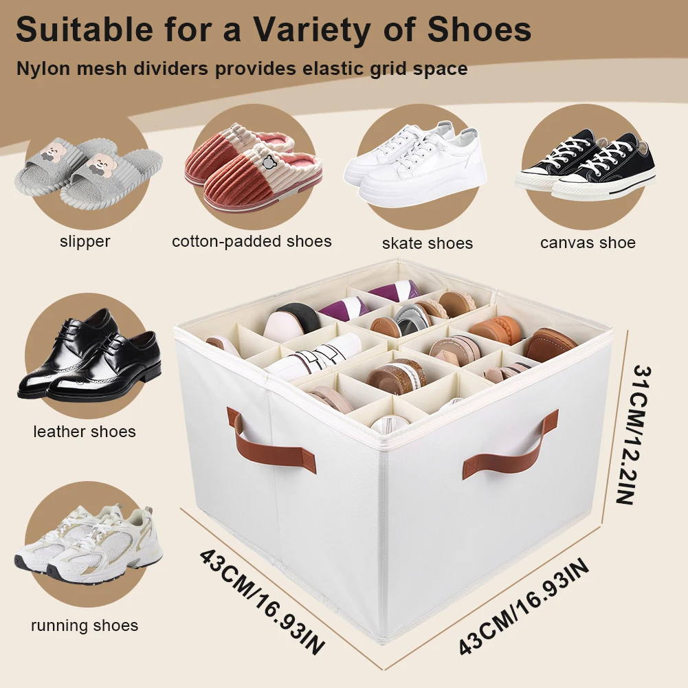Fabric Shoe Organizer Foldable Shoe Storage Bin with Clear Lid Shoe Storage Box Adjustable Dividers for Sneakers Loafers Sandals 6