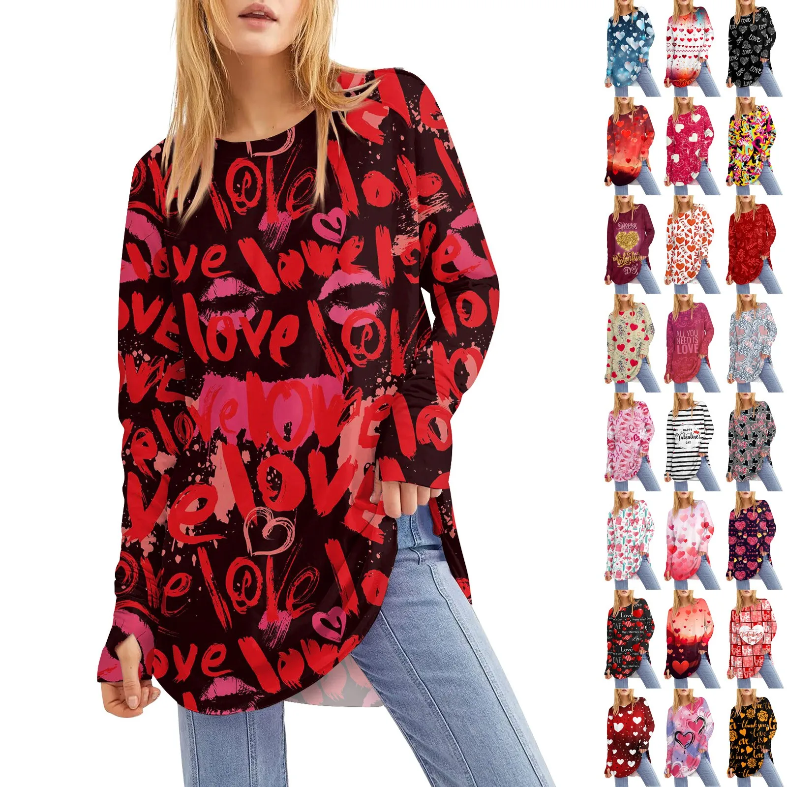 

Women's Valentine'S Day Print Round Neck Loose Long Sleeved Medium Length Leaky Thumb Shirt Top Comfortable And Eye-Catching