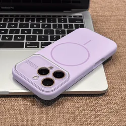 Luxury Liquid Silicone Magnetic Phone Case with Glass Lens Soft Cover - iPhone 13 (Purple)