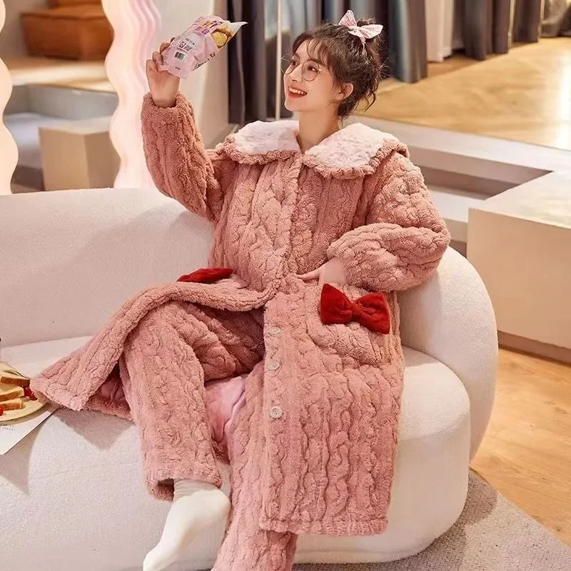 2024 New Pajama Women Winter Coral Velvet Loungewear Three-layer Padded Cotton Velvet Sweet Flannel Homewear Two-piece Suit