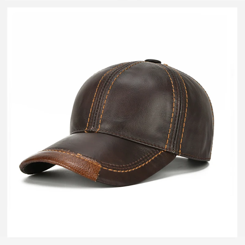 Men Real Cowhide Leather Earlap Caps Male Fall Winter 100% Real Cow Leather Hats New Casual Real Leather Outdoor Baseball Cap 4