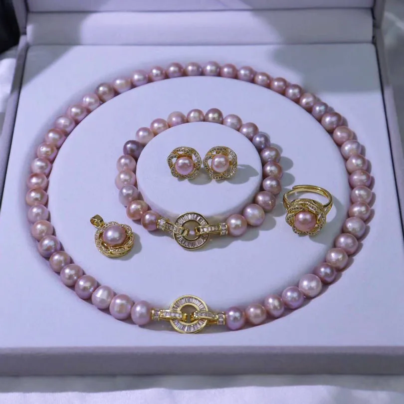one set  freshwater pearl pink/purple 8-9mm necklace/ring/earrings/bracelet/pendant wholesale zircon hook