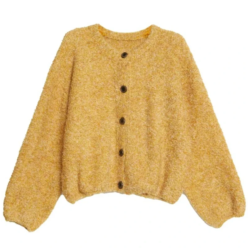 Autumn Fashion Women's Crew Neck Cardigan Long Sleeve Sweater Elegant New Lantern Sleeve Knitwear Loose Casual Top