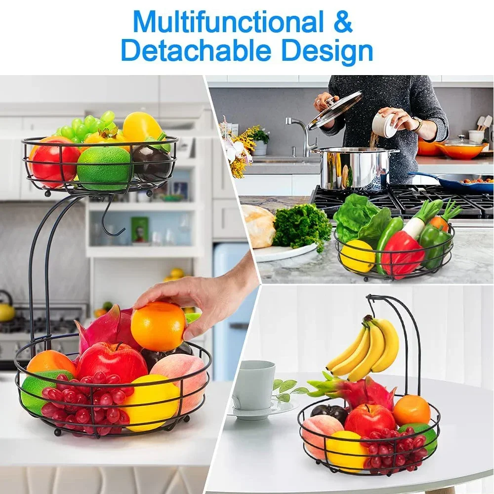 

And Banana Fruit Vegetable Black Large 2-layer Tabletop With Detachable Basket Bowl Tray Hook Capacity Flounce