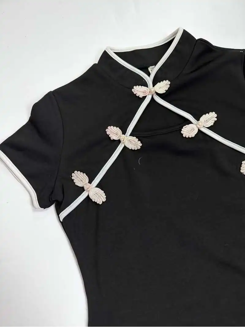 Women Black Cheongsam Inspired Top 2026 Slim Fit Mandarin Collar Frog Button Short Sleeve Tee 3