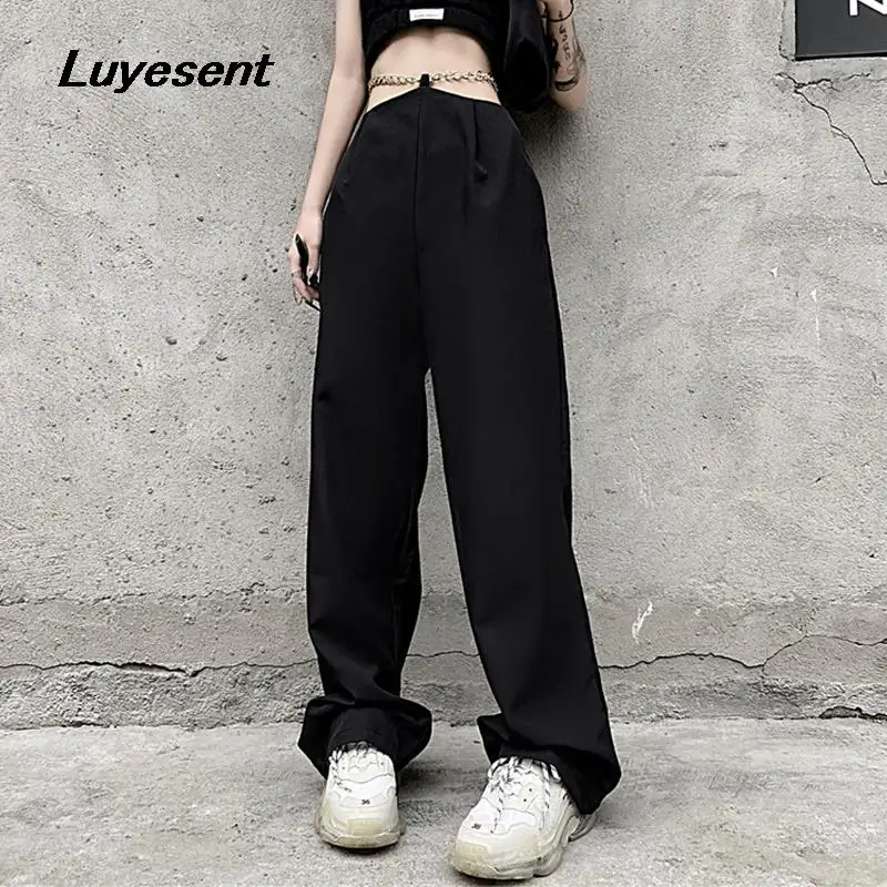

Straight Pants For Women Dance Streetwear 2023 Spring Lady Black Cargo Pants Hollow Out Chains Belt Casual Girl Long Trousers