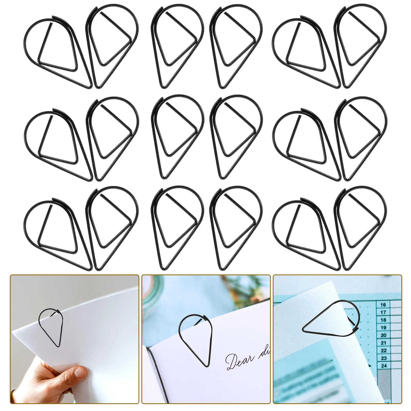100 Pcs Modeling Paper Clips Metal Material Water Drop Shape Golden Silver Black Colored Bookmark Memo Clips 2.5x1.5cm