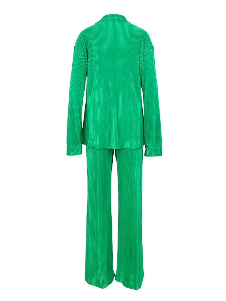 QFAF Fashion Pleated Women's Set Long Sleeve Oversized Shirt and Wide Leg Pants 2023 Elegant Tracksuit Two 2 Piece Set Outfits 6