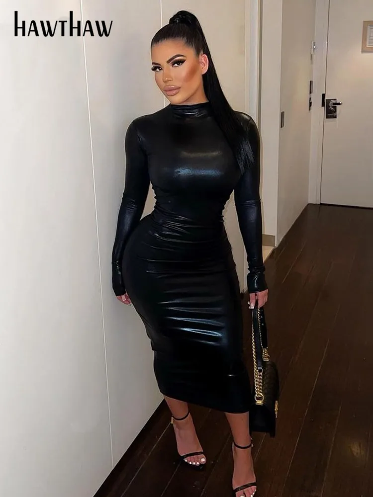 Hawthaw Women Manica Lunga Party Club Bodycon Streetwear Nero Autunno Midi Dress 2022 Vestiti Autunnali Articoli All'Ingrosso Per Affari