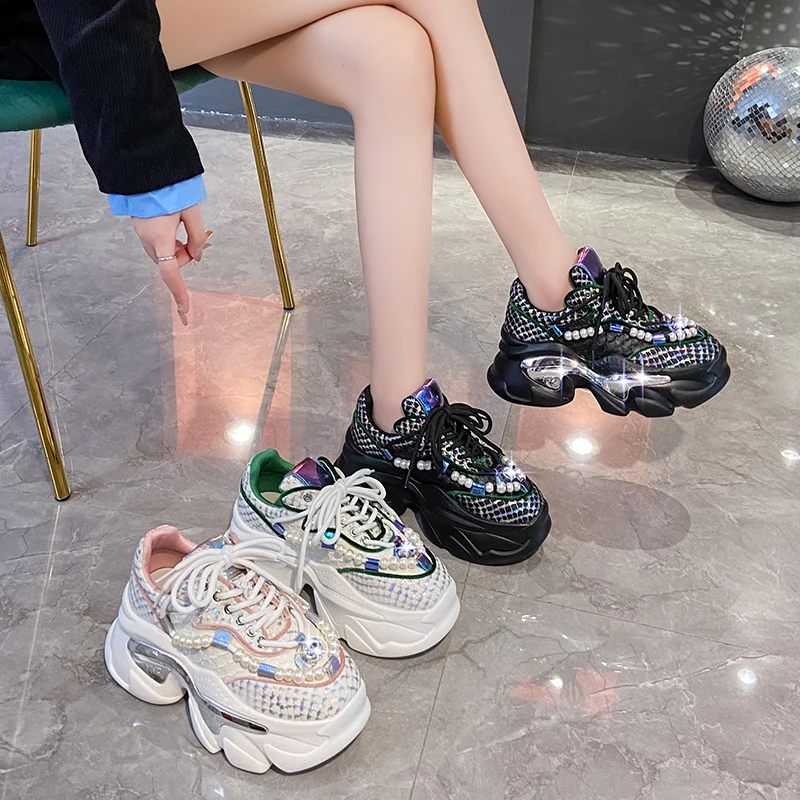 Snake Print Chunky Sneakers Women 2023 Thick Bottom Platform Ladies Sports Shoes New Autumn Pearl Rhinestone Dad Shoes Woman 8CM