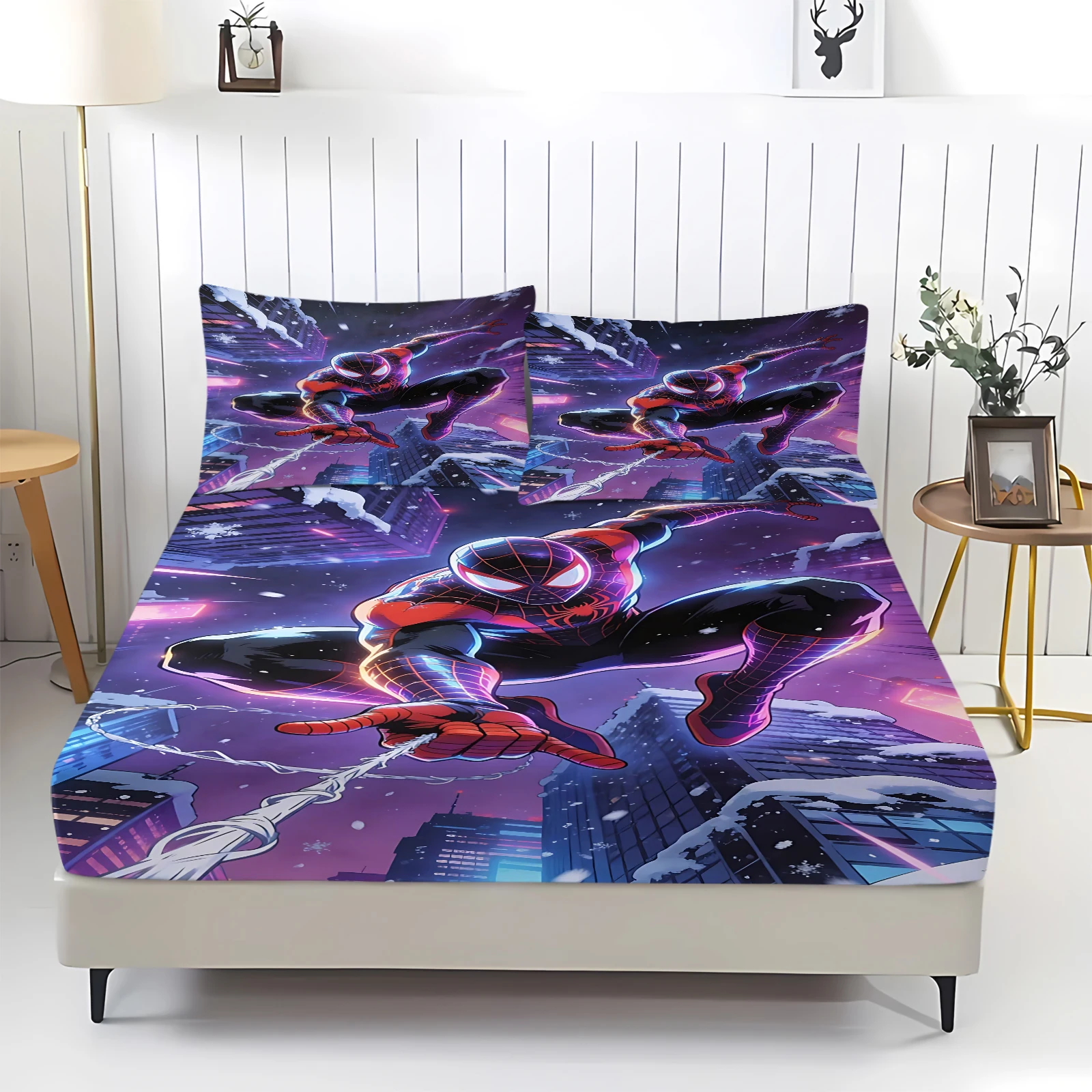 3Pcs Spider-Man Superhero Fitted Sheet Set With 2 Pillowcases Soft Deep Pocket Bed Sheet Comic Bedding For Boys Bedroom Decor