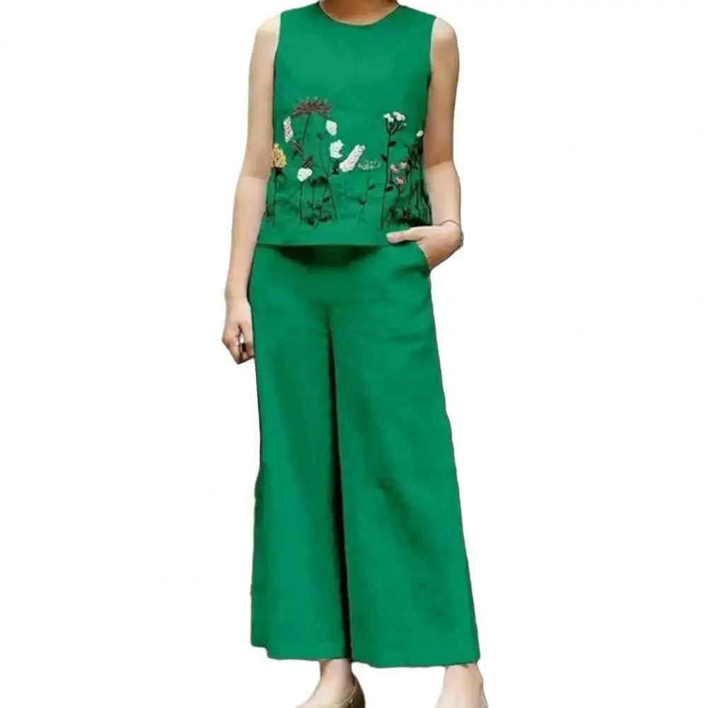 

Women Floral Embroidery Suit Flower Embroidery Vest Pants Set with Wide Leg Trousers Top Elastic Waist Solid Color for Summer
