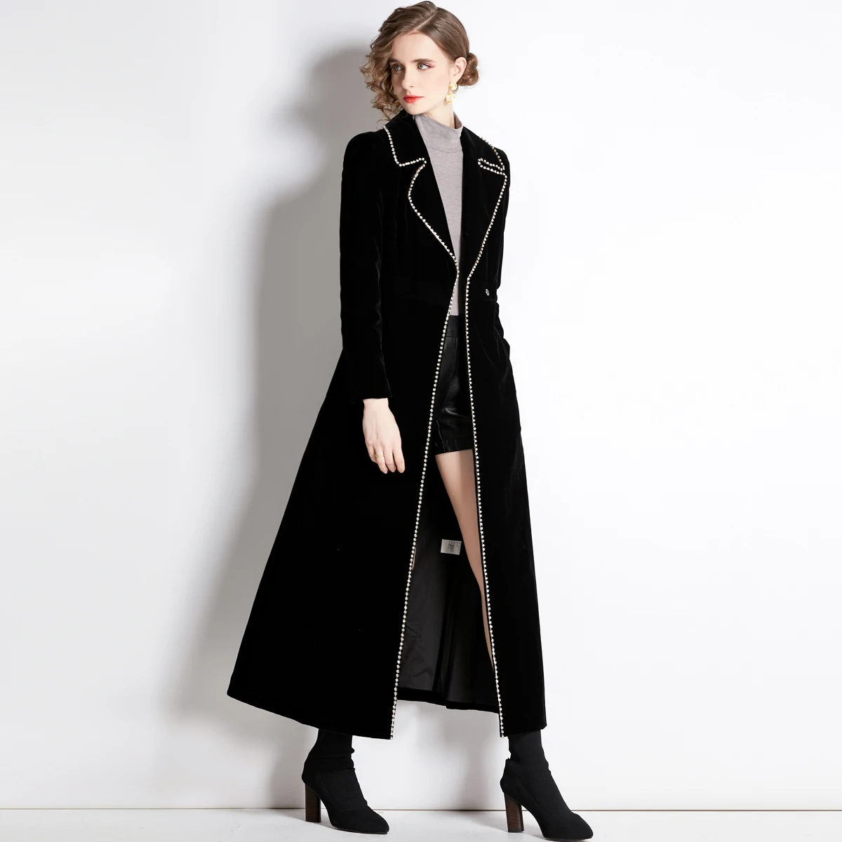 Jsxdhk Elegant Autumn Winter Black Velvet Trench Coat High Quality