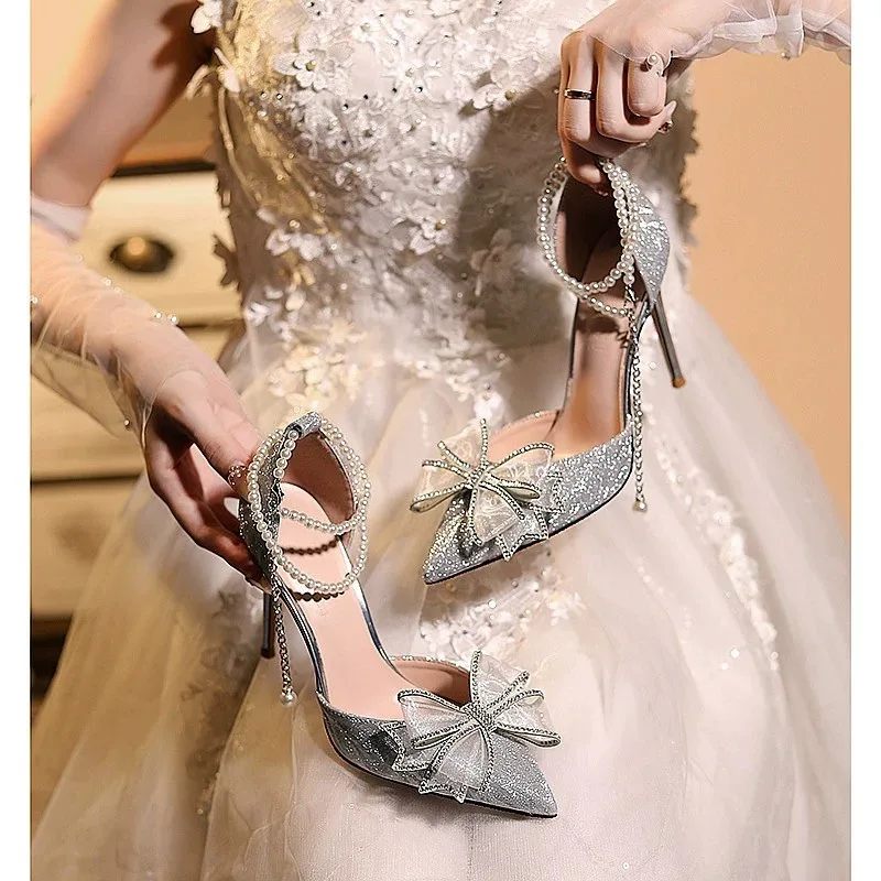 2024 New Luxury Pointed Toe Women Rhinestone Butterfly Pearl Gold High Heels Silver High Heel Sandals Party Wedding Shoes