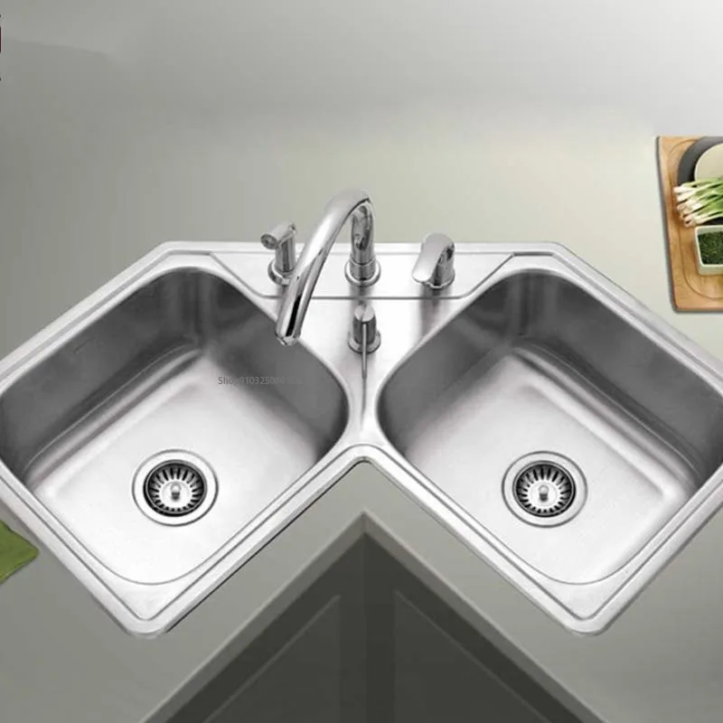 Kitchen Household Corner Sink Double Trough 304 Stainless Steel