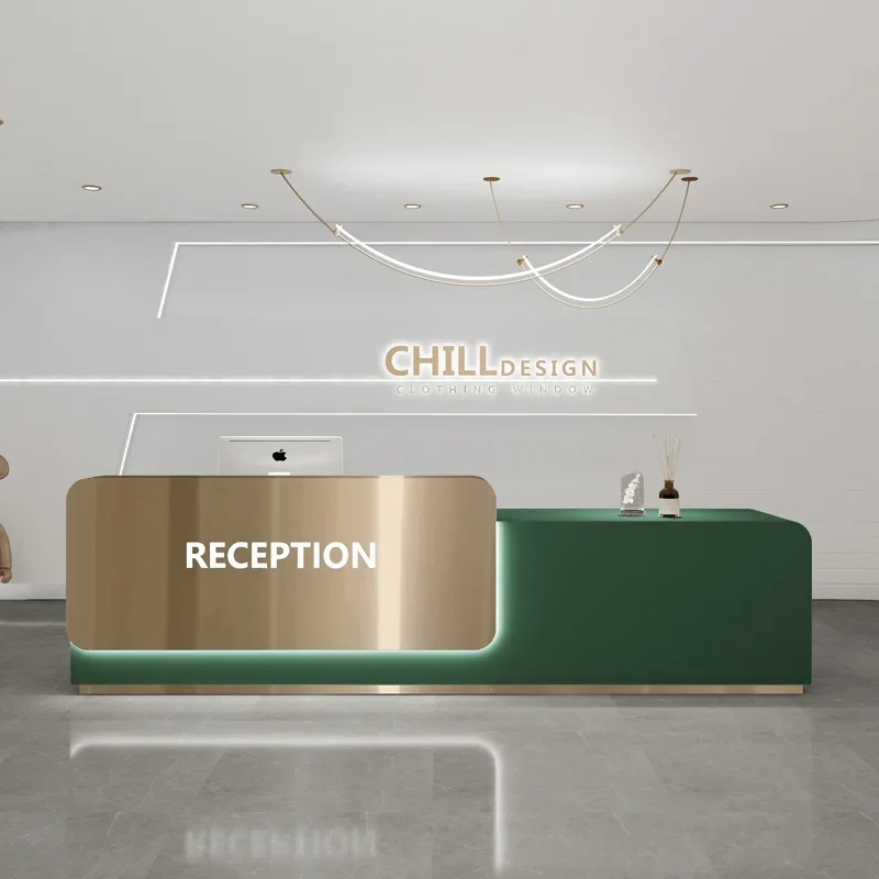 Metal Stainless Steel Office Checkout Counter Hotel Office Furniture Work Front Desk Reception Salon Reception Desk With Cabinet