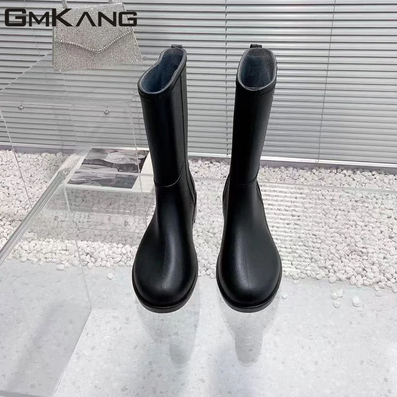 Thick Sole Rain Boots Woman Round Toe Slip-on Rubber Waterproof Rainboots Ladies Long Boots Flat Platform  Rain Shoes For Women