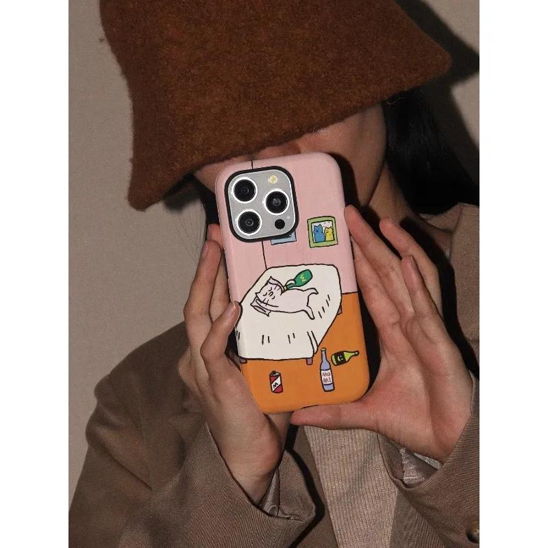 

HaDoii Matte Phone Case for Apple iPhone 12 13 14 15 Pro Max Plus Cute Drunk Cat Anti Drop Shockproof Protective Cover 아이폰 케이스