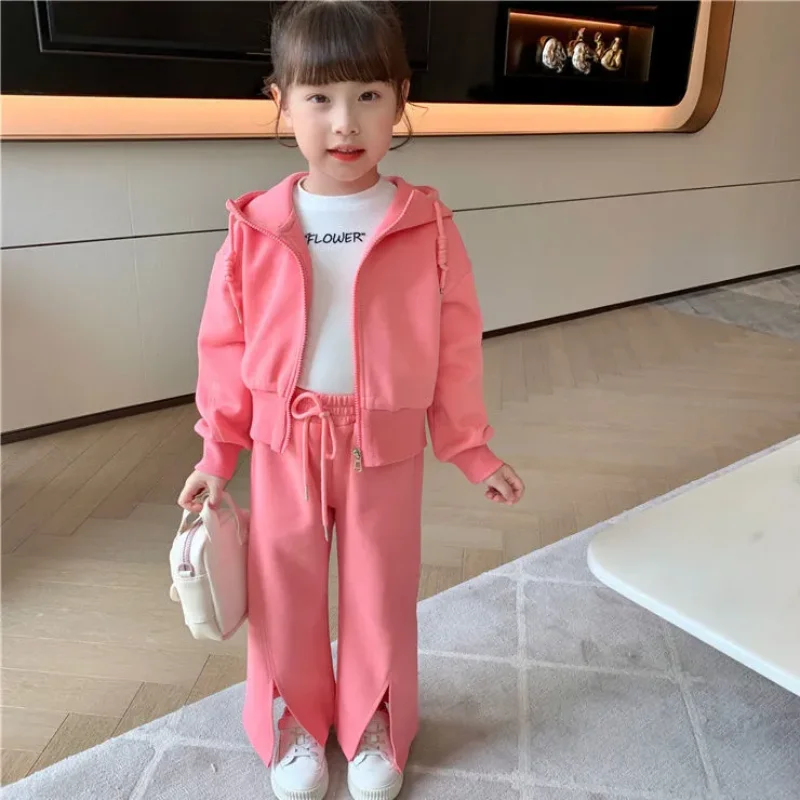 

Baby Girl Spring Autumn Set 2023 New Children's Zipper Hooded Sweater + Trousers Pink Youth 2-12-yrs 2pcs Casual Sportswear Sets