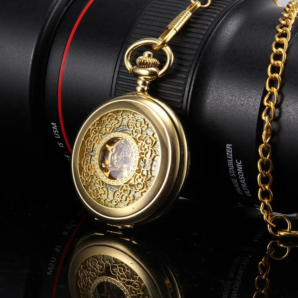 Men Women Mechanical Pocket Watch Golden Hollow Carved Case with Chain LL@17