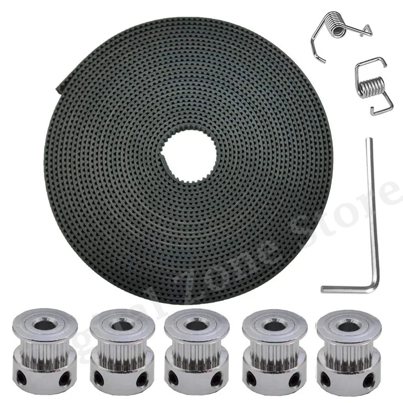 

5M GT2 2mm Pitch 6mm Wide 3D Printer Timing Belt + 5Pcs 16 Teeth Pulley Wheel 2GT, Torsion Spring for RepRap Prusa CR-10 Ender 3