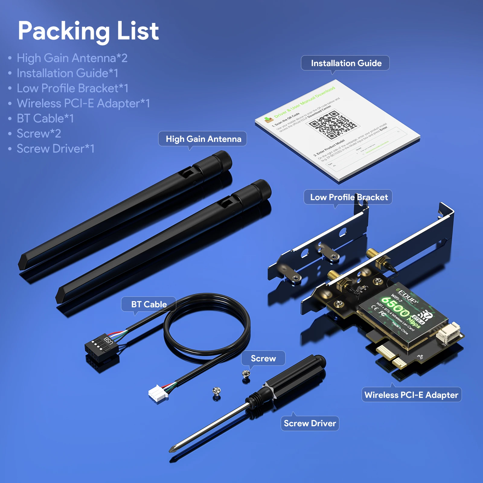 EDUP BE9726 PCIe WiFi7 네트워크 카드 (Linux, Wins 지원) 트라이 밴드 6GHz 5GHz 2.4GHz 블루투스5.4 OFDMA 고속 저지연 어댑터