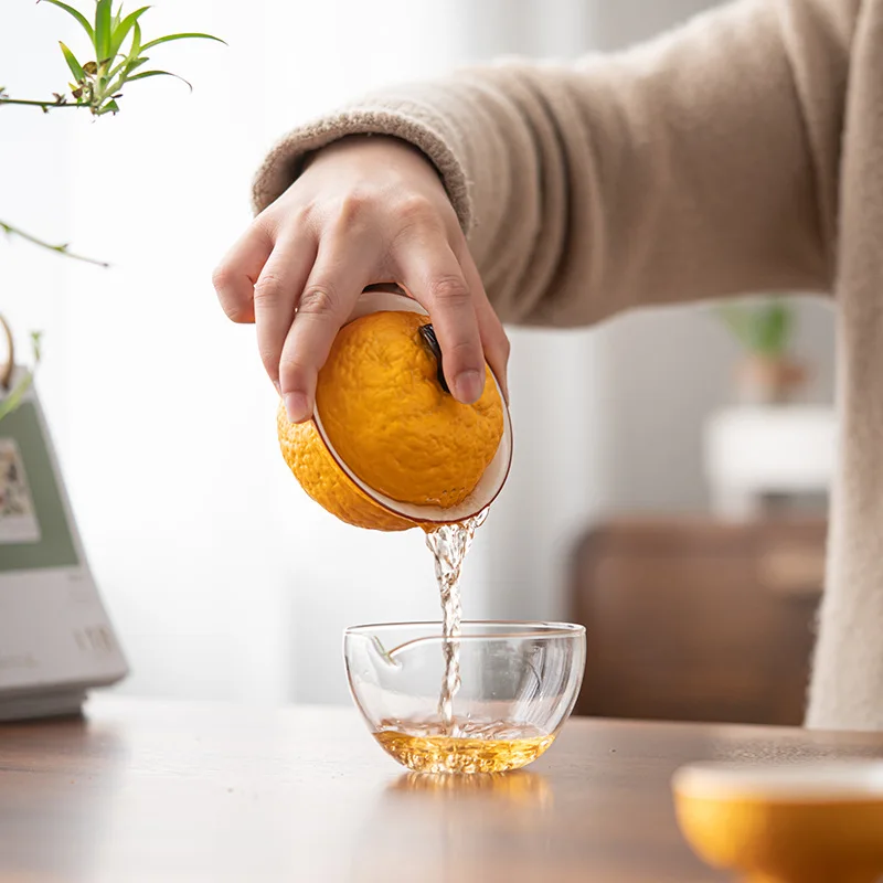 Handmade Ceramic Gaiwan Pottery Tea Bowl Cups Pigmented Orange Shape Tea Tureen Chinese Kungfu Teaware Cup Set