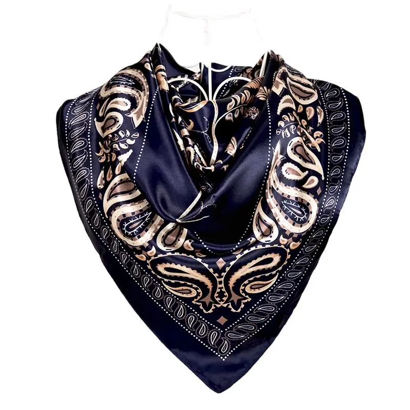 Elegant Navy Blue Silk Scarf with Chinese Rose Design - Large Square Ladies' Fashion Accessory