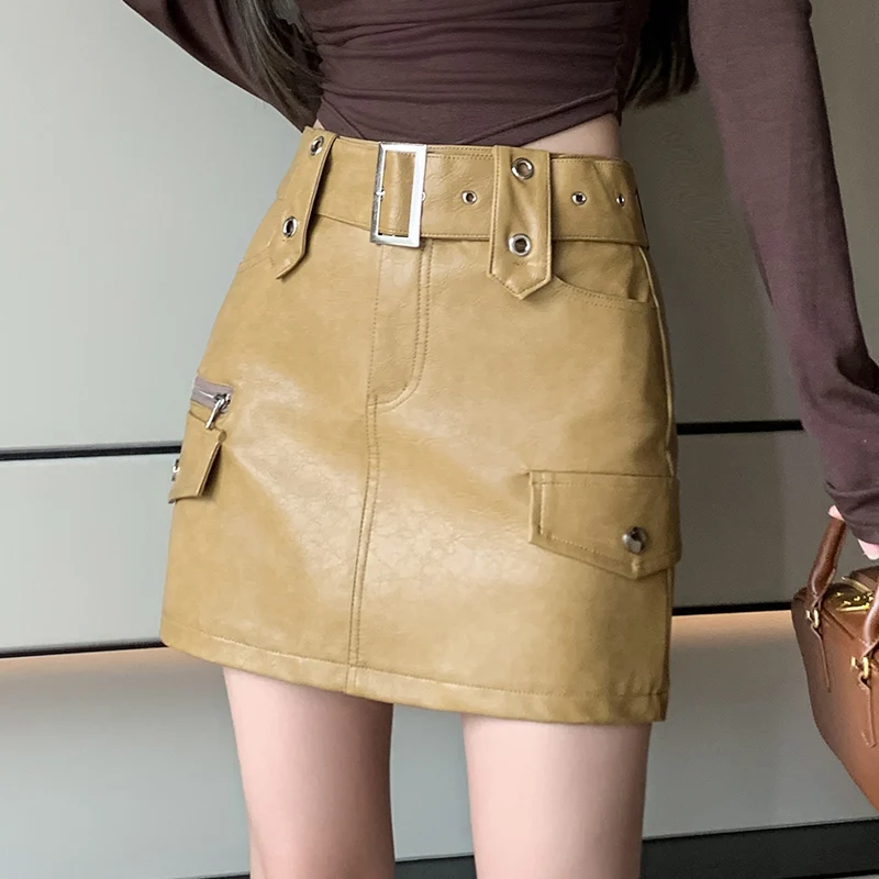 

2023 Autumn Winter New Women PU Leather Short Skirt High Waist Washed Cargos Belted Skirts Cool Spicy Wrap Hip Skirts