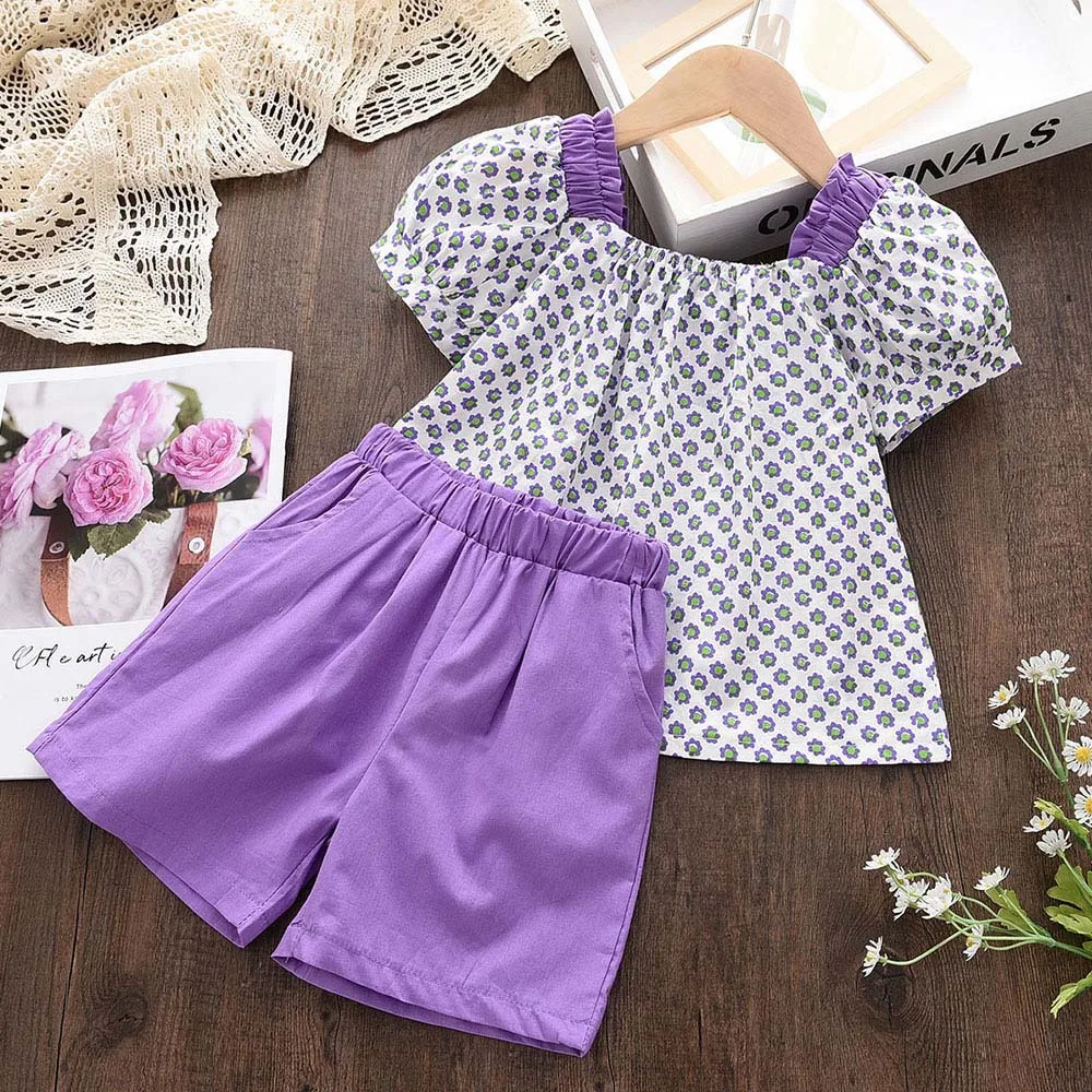 

LZH Girls Clothes Set 2023 3-8 Years Girl's Summer Set Cute Print Short Sleeve Top+Pants 2-piece Outfits Kids Clothes Girls Suit