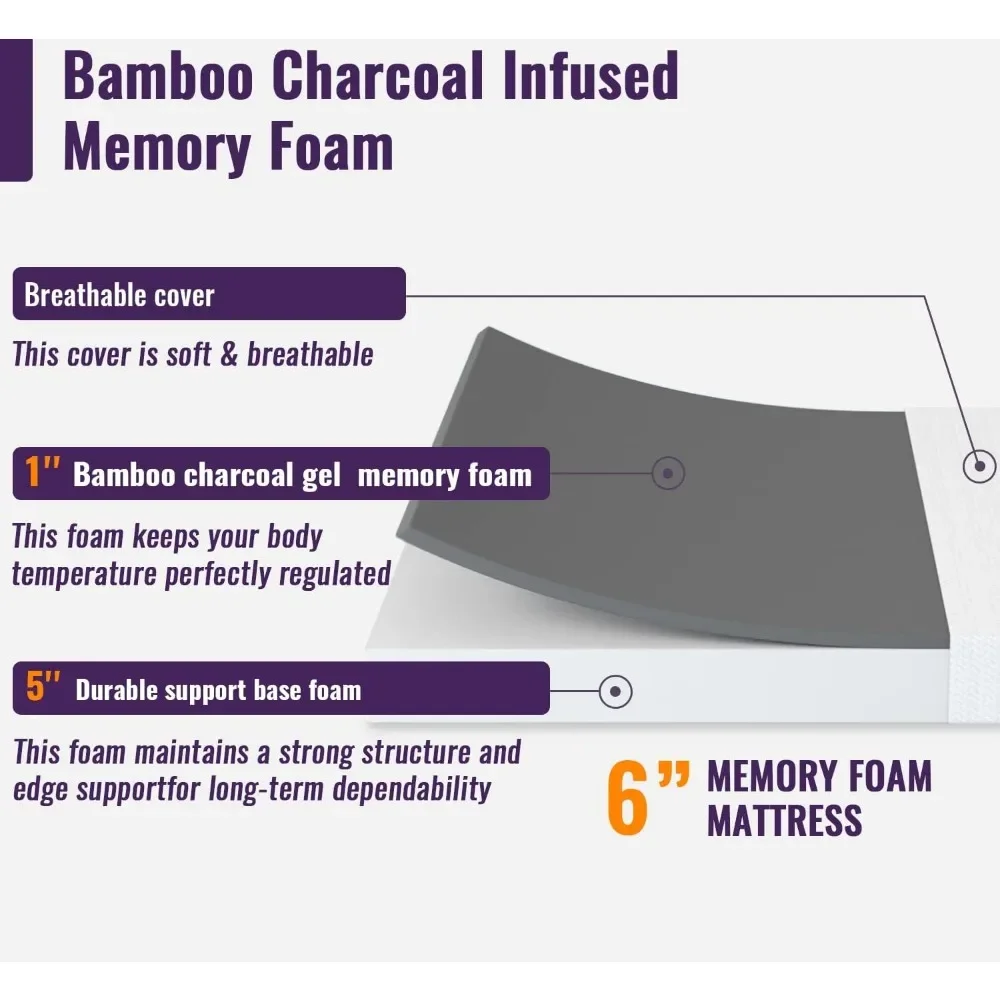 Mattresses 6 Inch Gel Memory Foam Mattress Full Size Mattress Bamboo Charcoal Infused Mattress in a Box Medium 4