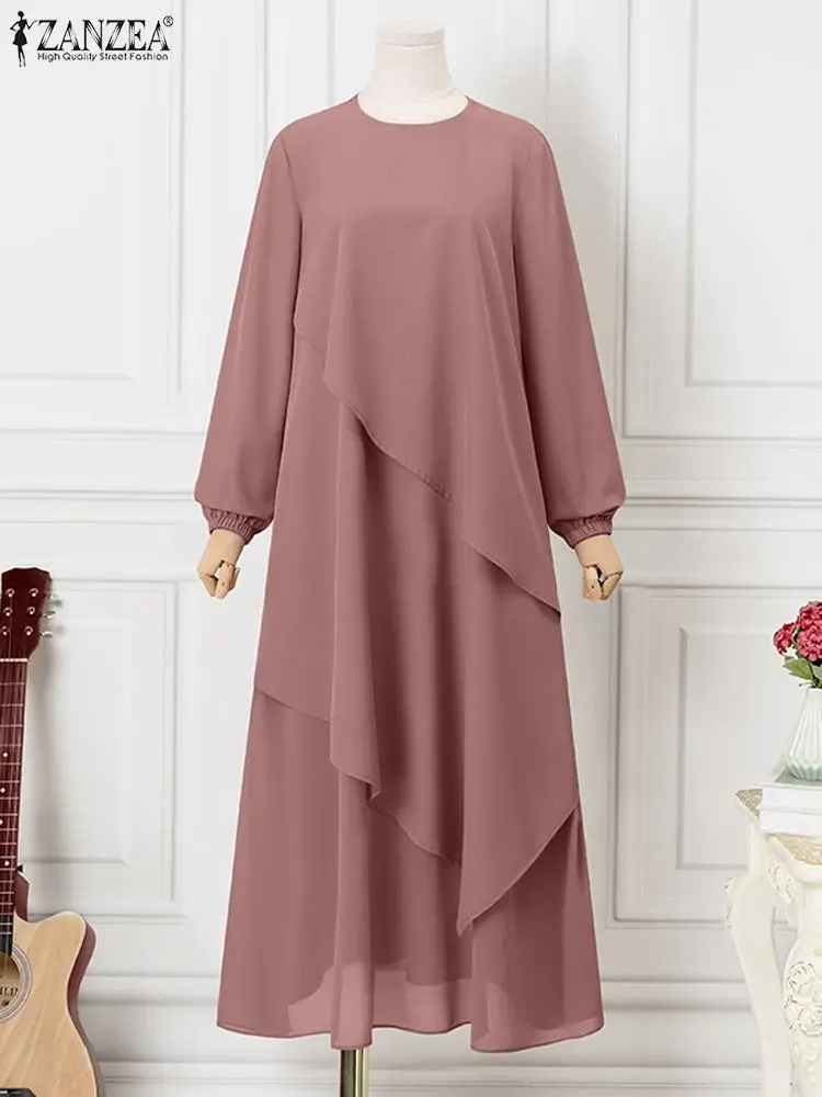 ZANZEA Fashion Irregular Hem Muslim Dress Women Long Sleeve Solid Sundress Eid Mubarek Casual Vestidos Female Casual Maxi Robe