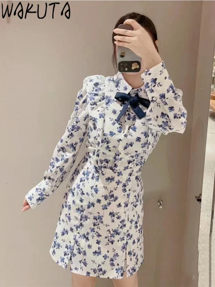 

Wakuta Turn-down Collor Petal Sleeve Fungus Dresses A-line Lace Up Print Casual Femme Robe Japan Elegant Sweet Bow Vestidos