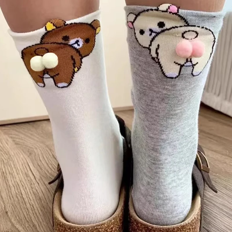 Creative Funny Cartoon Bear Butt Egg Socks Women Cotton Blend Mid Tube Socks Cute Animal Print Novelty Crew Stockings Socks