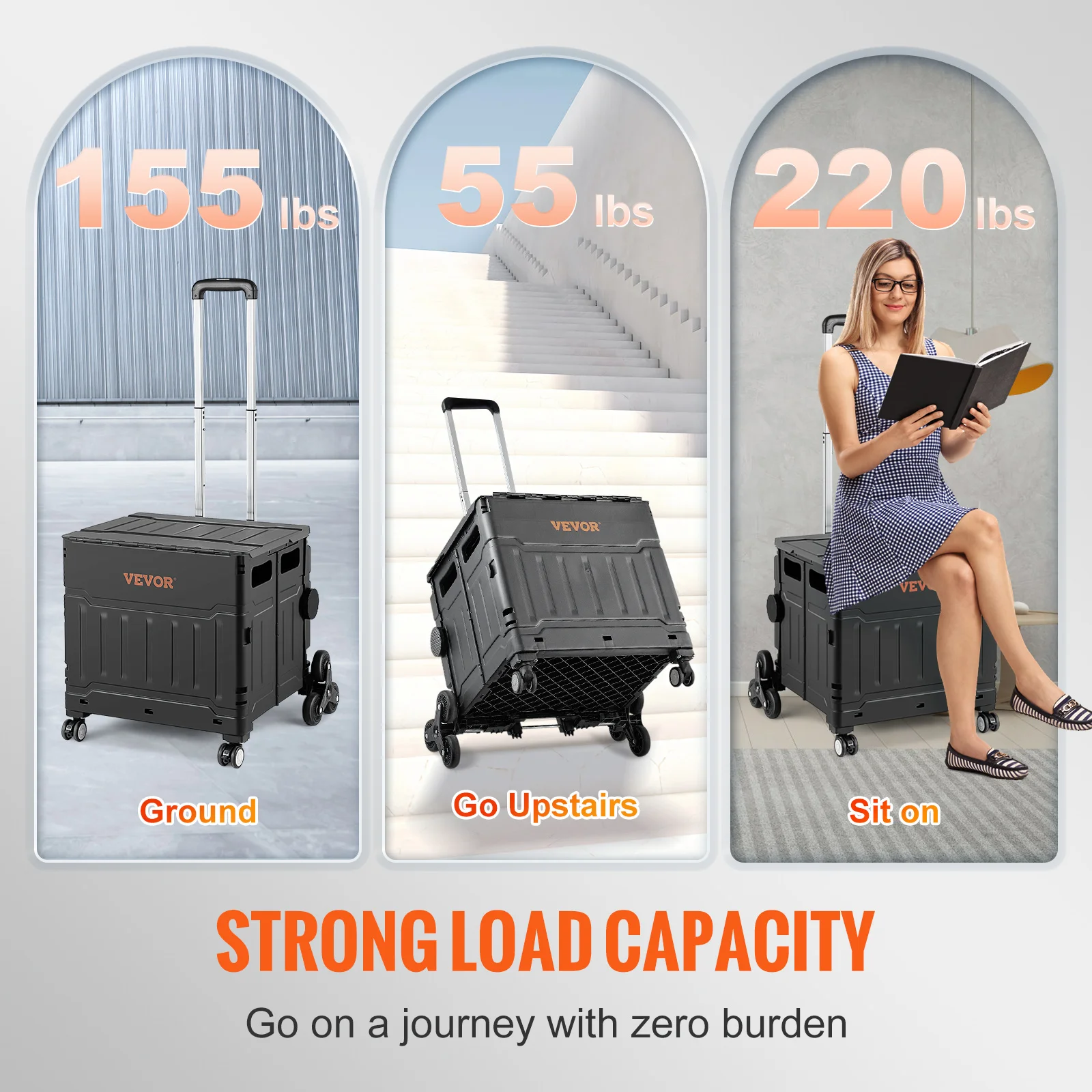 Rolling Storage Cart Folding Shopping Cart VEVOR Stair Climbing Cart 155lbs Outdoor Camping Trolley Portable Telescoping Handle&Lid