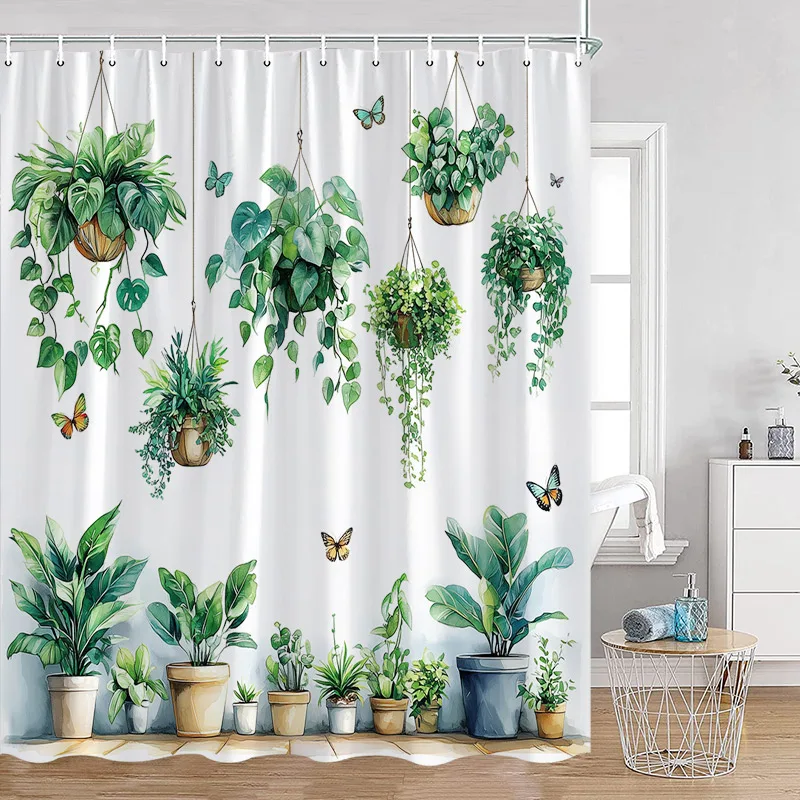 Plant Shower Curtain Cats Green Potted Plants Leaves Cat on the Toilet Modern Bathroom Decor Polyester Fabric Bathtub Curtain shower curtains