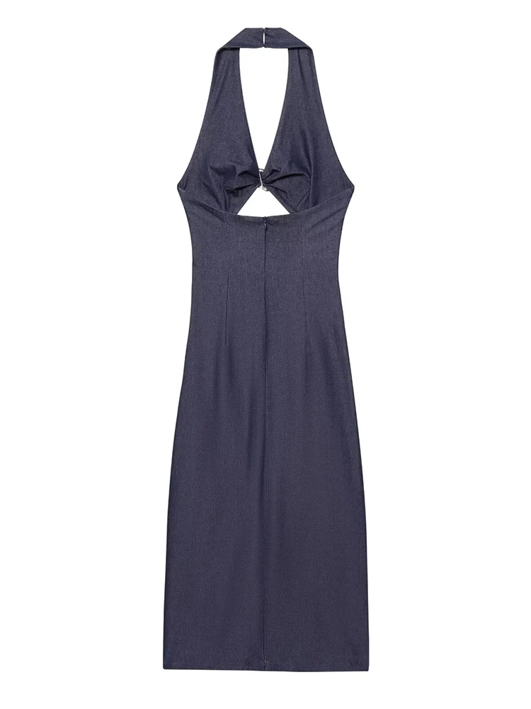 TFMLN 2025 Female Halter Hollow Denim Dress Solid Sleeveless Backless Metal Decoration Midi Dresses Summer Beach Holiday Outfit